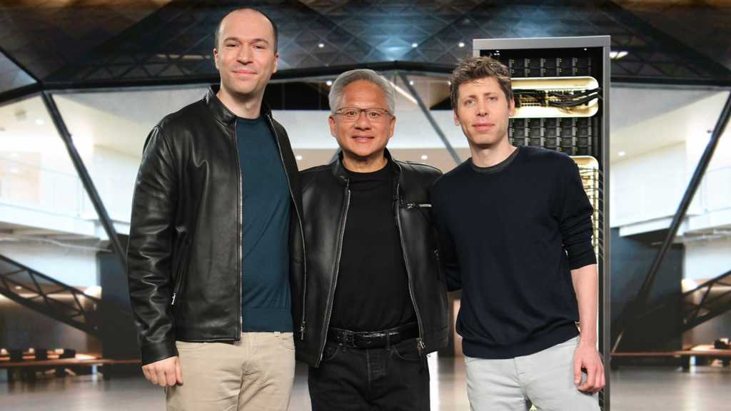 OpenAI President Greg Brockman, NVIDIA Founder and CEO Jensen Huang, and OpenAI CEO Sam Altman